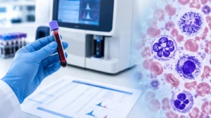 Analisi del sangue e cellule ematiche, globuli bianchi alti.